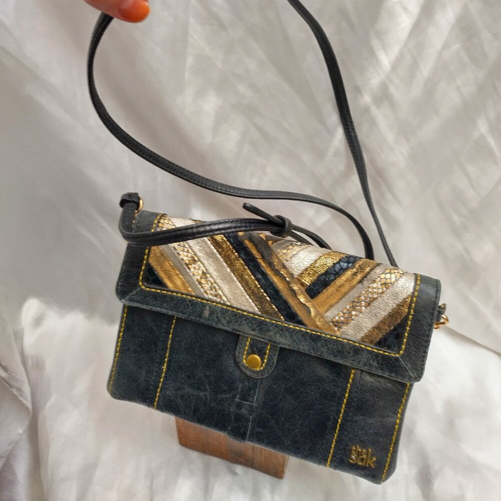 * THE SAK, 1970's style, Leather Wallet Handbag Brown Gold Silver Khaki Black